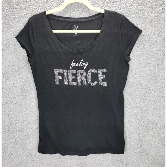 NY & Co Womens T-shirt Tee Top Small Feeling Fierce Black Rhinestones Graphic - Picture 1 of 8